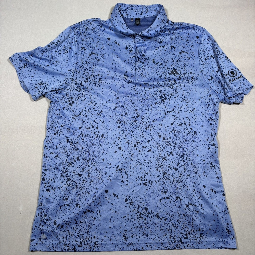 Adidas Golf Polo Shirt Mens XL Blue Paint Splatter AOP Sweat Wicking Athleisure